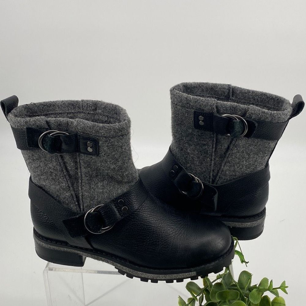 Woolrich Leather Baltimore Harness Wool Booties Double Buckles Lug Sole Grey 6.5